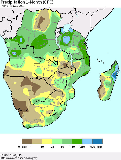 Southern Africa Precipitation 1-Month (CPC) Thematic Map For 4/6/2021 - 5/5/2021