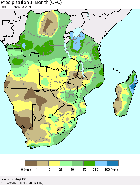Southern Africa Precipitation 1-Month (CPC) Thematic Map For 4/11/2021 - 5/10/2021