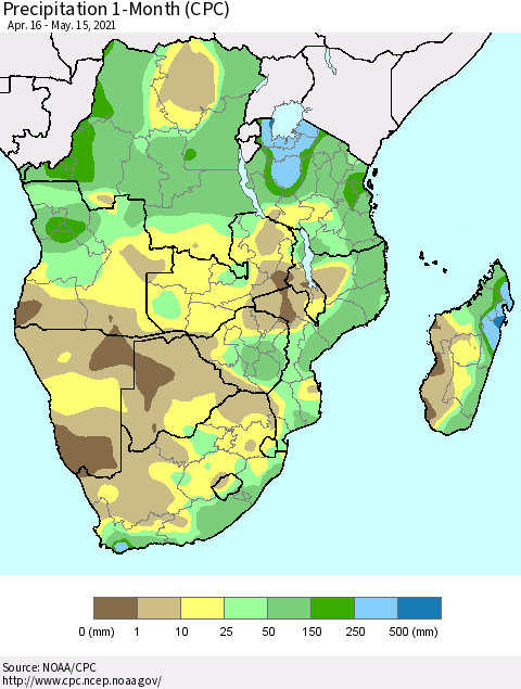 Southern Africa Precipitation 1-Month (CPC) Thematic Map For 4/16/2021 - 5/15/2021