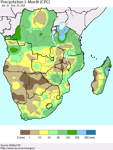 Southern Africa Precipitation 1-Month (CPC) Thematic Map For 4/21/2021 - 5/20/2021