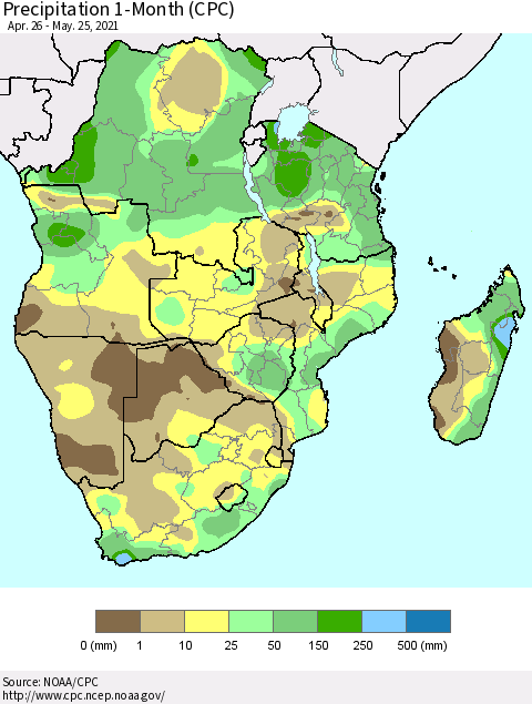Southern Africa Precipitation 1-Month (CPC) Thematic Map For 4/26/2021 - 5/25/2021