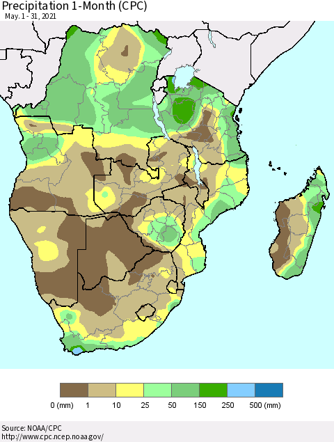 Southern Africa Precipitation 1-Month (CPC) Thematic Map For 5/1/2021 - 5/31/2021