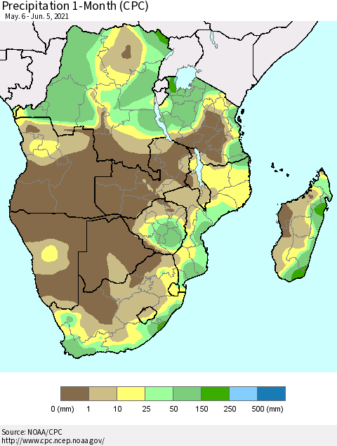Southern Africa Precipitation 1-Month (CPC) Thematic Map For 5/6/2021 - 6/5/2021