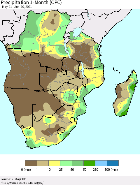 Southern Africa Precipitation 1-Month (CPC) Thematic Map For 5/11/2021 - 6/10/2021