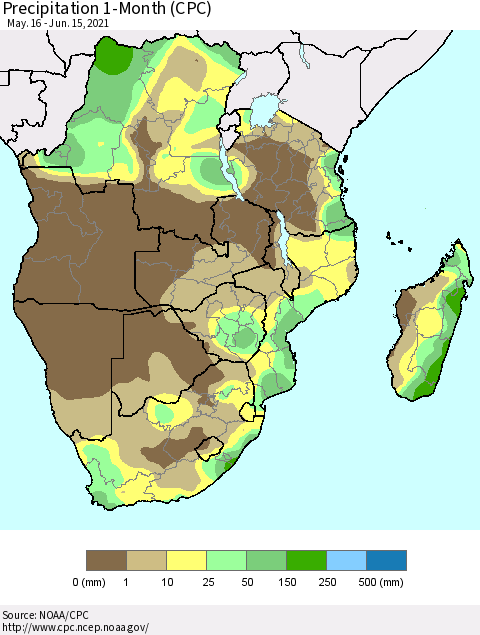 Southern Africa Precipitation 1-Month (CPC) Thematic Map For 5/16/2021 - 6/15/2021