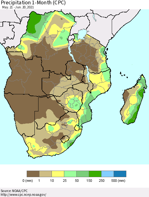 Southern Africa Precipitation 1-Month (CPC) Thematic Map For 5/21/2021 - 6/20/2021