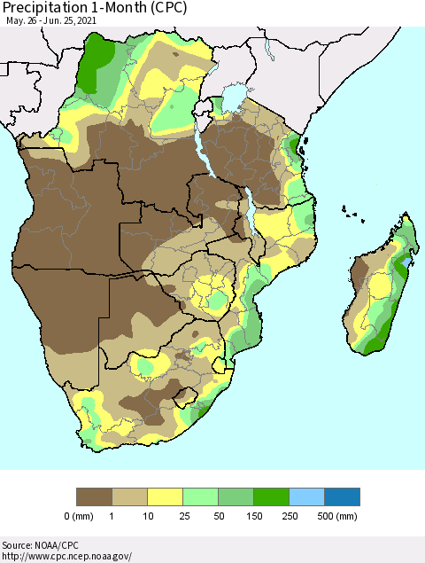 Southern Africa Precipitation 1-Month (CPC) Thematic Map For 5/26/2021 - 6/25/2021