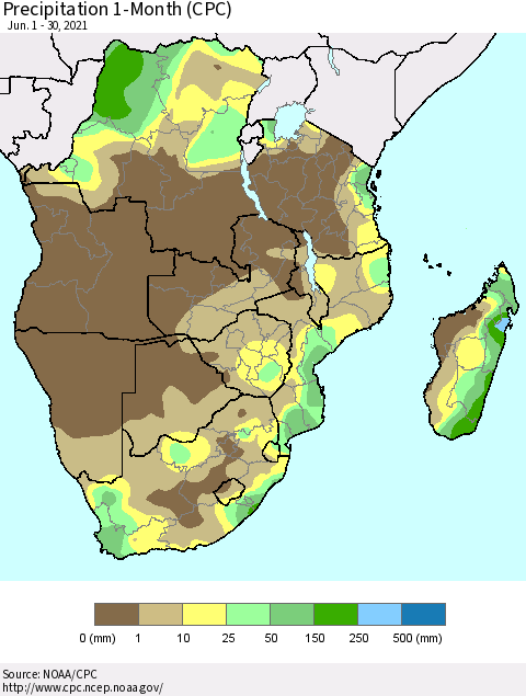 Southern Africa Precipitation 1-Month (CPC) Thematic Map For 6/1/2021 - 6/30/2021