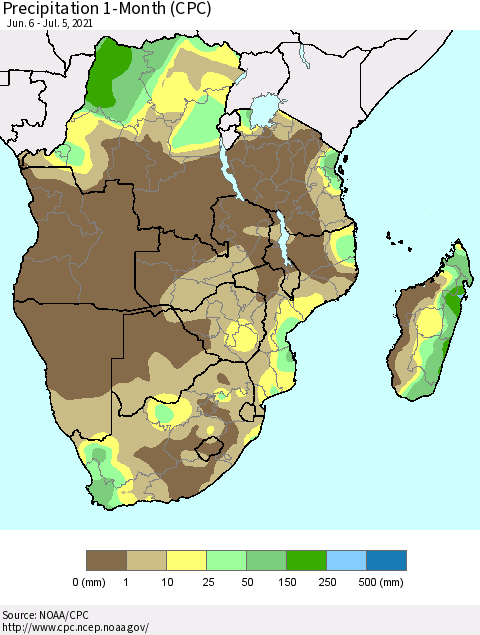 Southern Africa Precipitation 1-Month (CPC) Thematic Map For 6/6/2021 - 7/5/2021