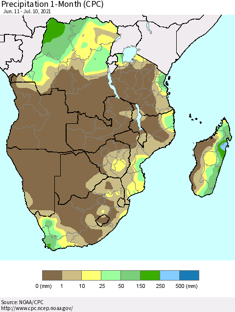 Southern Africa Precipitation 1-Month (CPC) Thematic Map For 6/11/2021 - 7/10/2021
