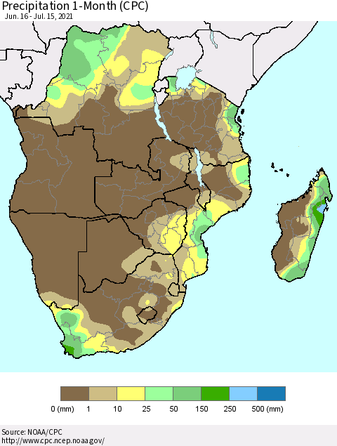 Southern Africa Precipitation 1-Month (CPC) Thematic Map For 6/16/2021 - 7/15/2021