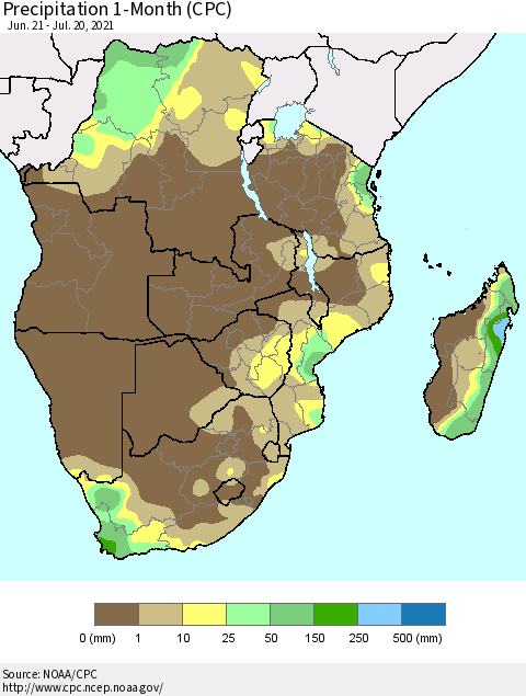 Southern Africa Precipitation 1-Month (CPC) Thematic Map For 6/21/2021 - 7/20/2021