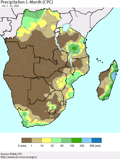 Southern Africa Precipitation 1-Month (CPC) Thematic Map For 7/1/2021 - 7/31/2021