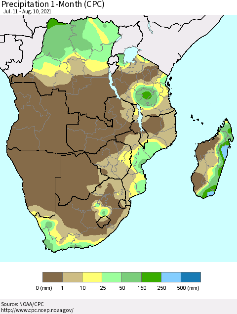 Southern Africa Precipitation 1-Month (CPC) Thematic Map For 7/11/2021 - 8/10/2021