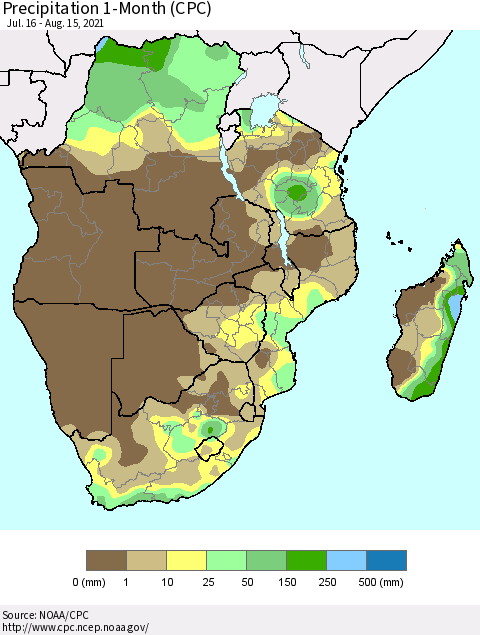 Southern Africa Precipitation 1-Month (CPC) Thematic Map For 7/16/2021 - 8/15/2021