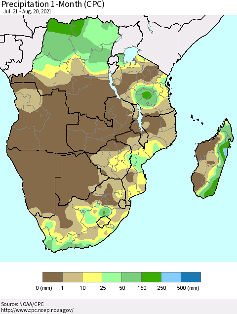 Southern Africa Precipitation 1-Month (CPC) Thematic Map For 7/21/2021 - 8/20/2021