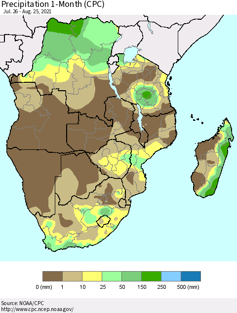 Southern Africa Precipitation 1-Month (CPC) Thematic Map For 7/26/2021 - 8/25/2021