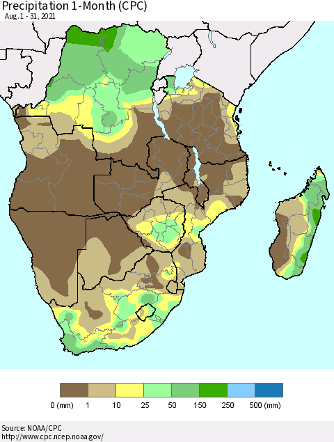 Southern Africa Precipitation 1-Month (CPC) Thematic Map For 8/1/2021 - 8/31/2021