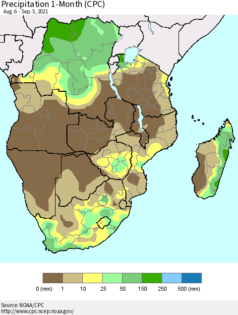 Southern Africa Precipitation 1-Month (CPC) Thematic Map For 8/6/2021 - 9/5/2021