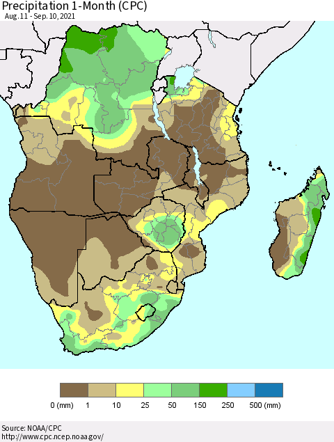 Southern Africa Precipitation 1-Month (CPC) Thematic Map For 8/11/2021 - 9/10/2021
