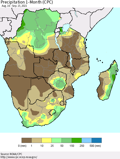Southern Africa Precipitation 1-Month (CPC) Thematic Map For 8/16/2021 - 9/15/2021