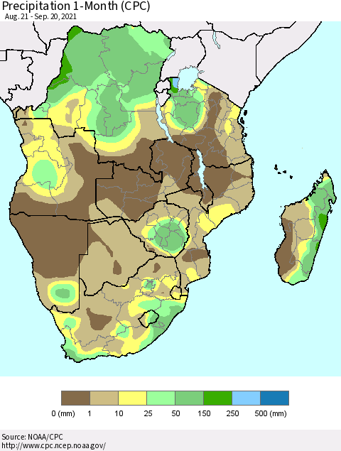 Southern Africa Precipitation 1-Month (CPC) Thematic Map For 8/21/2021 - 9/20/2021