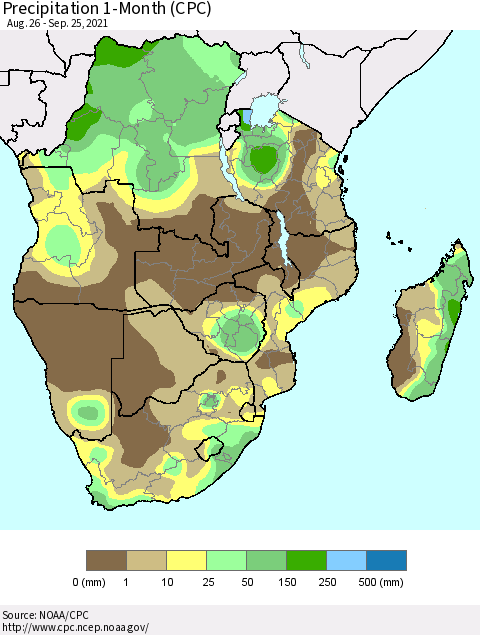 Southern Africa Precipitation 1-Month (CPC) Thematic Map For 8/26/2021 - 9/25/2021