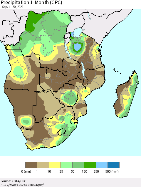 Southern Africa Precipitation 1-Month (CPC) Thematic Map For 9/1/2021 - 9/30/2021