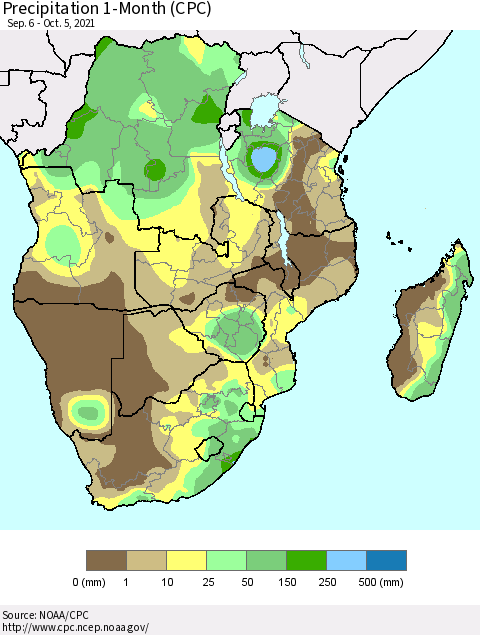 Southern Africa Precipitation 1-Month (CPC) Thematic Map For 9/6/2021 - 10/5/2021