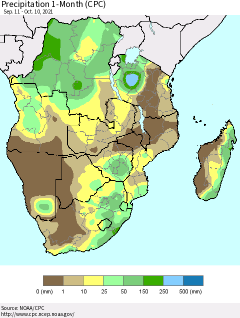 Southern Africa Precipitation 1-Month (CPC) Thematic Map For 9/11/2021 - 10/10/2021