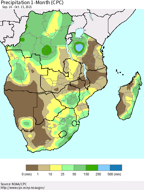 Southern Africa Precipitation 1-Month (CPC) Thematic Map For 9/16/2021 - 10/15/2021