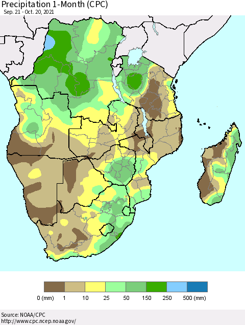 Southern Africa Precipitation 1-Month (CPC) Thematic Map For 9/21/2021 - 10/20/2021