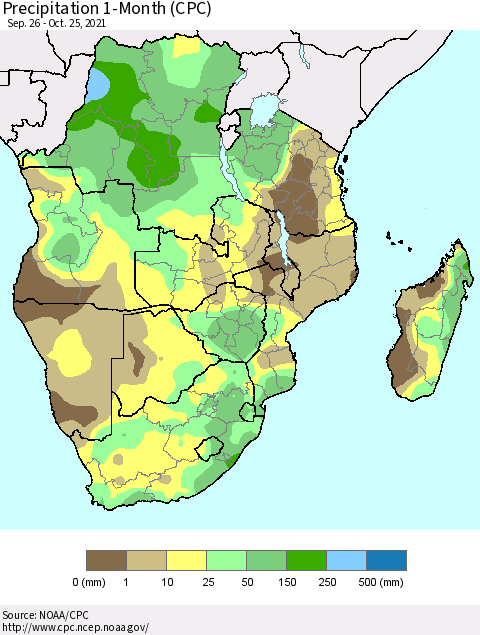 Southern Africa Precipitation 1-Month (CPC) Thematic Map For 9/26/2021 - 10/25/2021