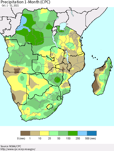 Southern Africa Precipitation 1-Month (CPC) Thematic Map For 10/1/2021 - 10/31/2021