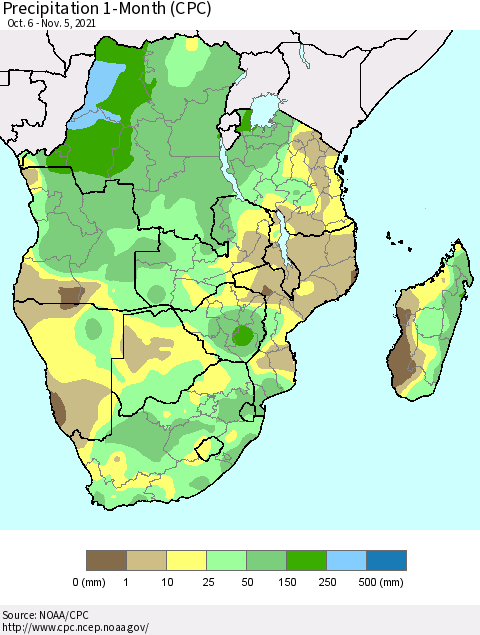 Southern Africa Precipitation 1-Month (CPC) Thematic Map For 10/6/2021 - 11/5/2021