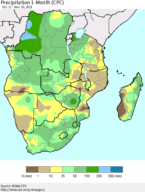 Southern Africa Precipitation 1-Month (CPC) Thematic Map For 10/11/2021 - 11/10/2021