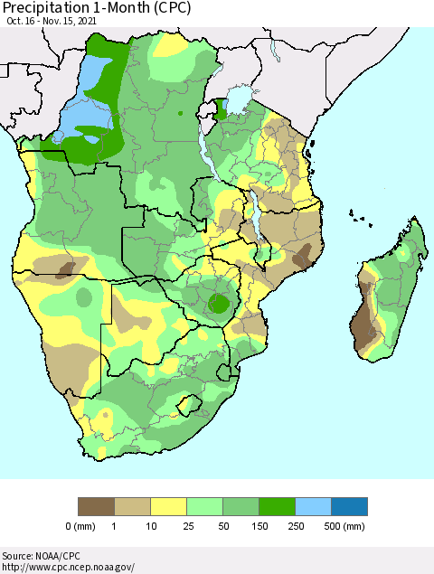 Southern Africa Precipitation 1-Month (CPC) Thematic Map For 10/16/2021 - 11/15/2021