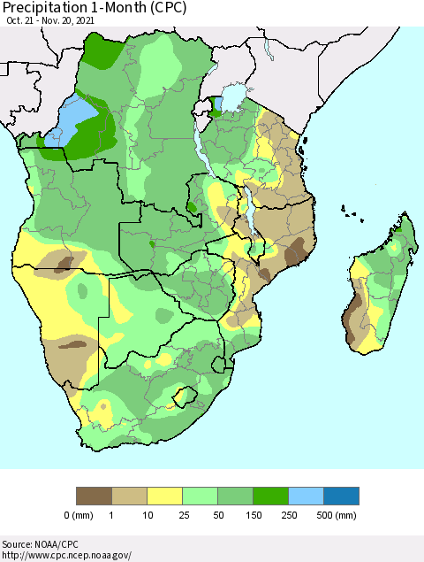 Southern Africa Precipitation 1-Month (CPC) Thematic Map For 10/21/2021 - 11/20/2021