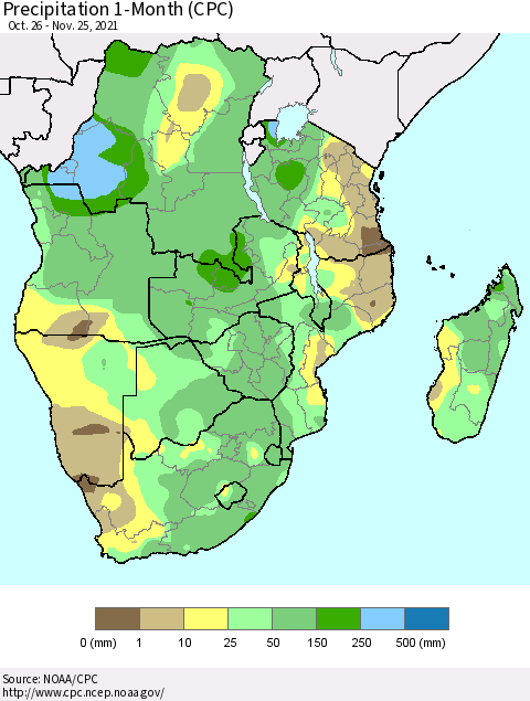Southern Africa Precipitation 1-Month (CPC) Thematic Map For 10/26/2021 - 11/25/2021