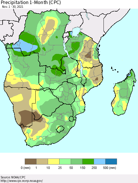 Southern Africa Precipitation 1-Month (CPC) Thematic Map For 11/1/2021 - 11/30/2021