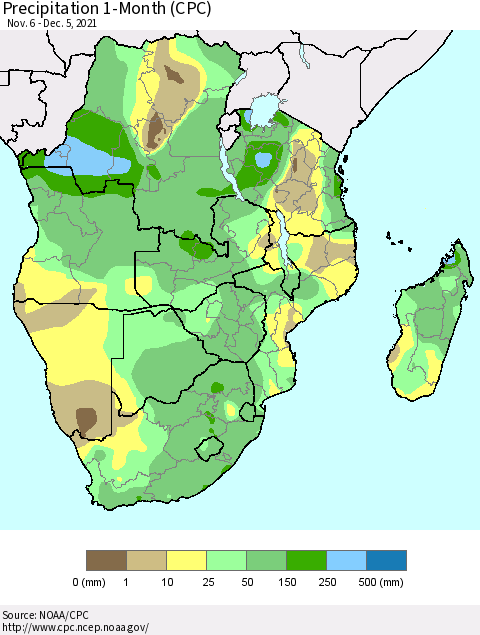 Southern Africa Precipitation 1-Month (CPC) Thematic Map For 11/6/2021 - 12/5/2021