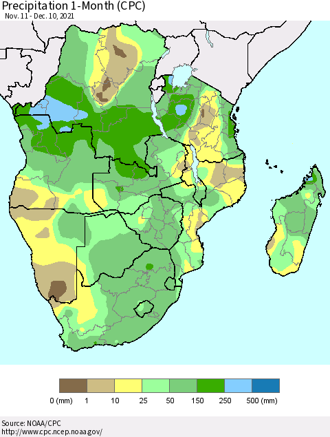Southern Africa Precipitation 1-Month (CPC) Thematic Map For 11/11/2021 - 12/10/2021