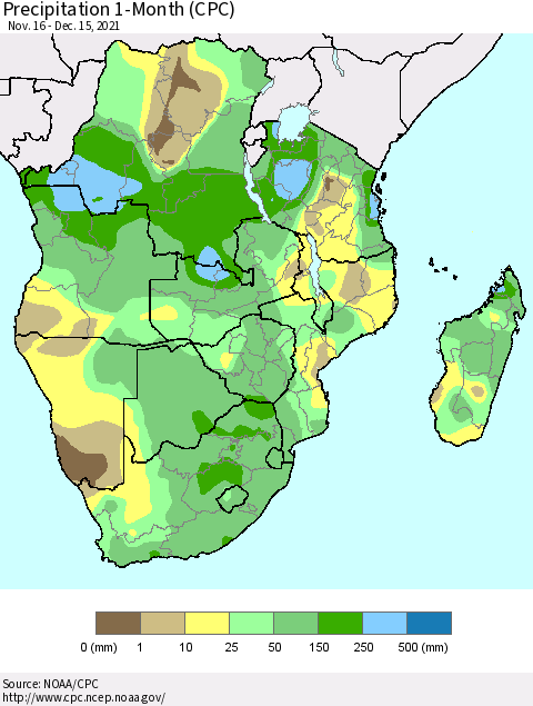 Southern Africa Precipitation 1-Month (CPC) Thematic Map For 11/16/2021 - 12/15/2021