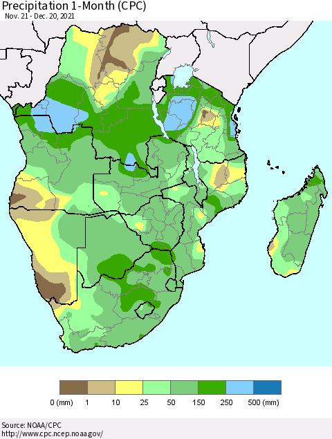 Southern Africa Precipitation 1-Month (CPC) Thematic Map For 11/21/2021 - 12/20/2021