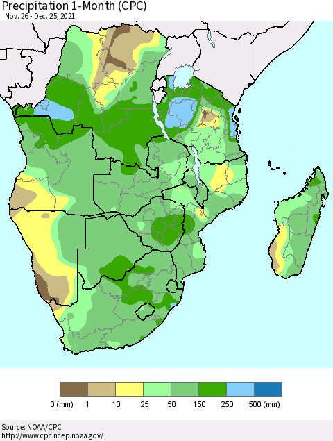 Southern Africa Precipitation 1-Month (CPC) Thematic Map For 11/26/2021 - 12/25/2021
