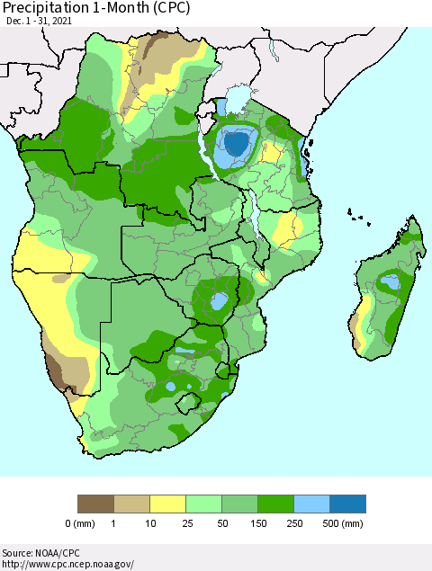 Southern Africa Precipitation 1-Month (CPC) Thematic Map For 12/1/2021 - 12/31/2021