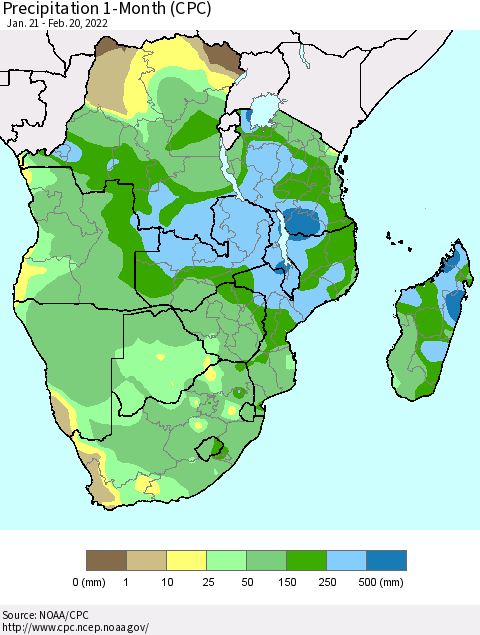 Southern Africa Precipitation 1-Month (CPC) Thematic Map For 1/21/2022 - 2/20/2022