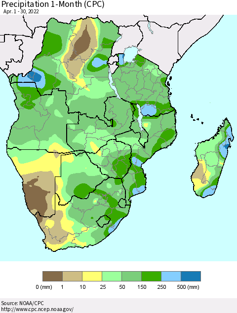 Southern Africa Precipitation 1-Month (CPC) Thematic Map For 4/1/2022 - 4/30/2022