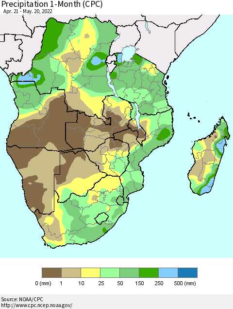 Southern Africa Precipitation 1-Month (CPC) Thematic Map For 4/21/2022 - 5/20/2022