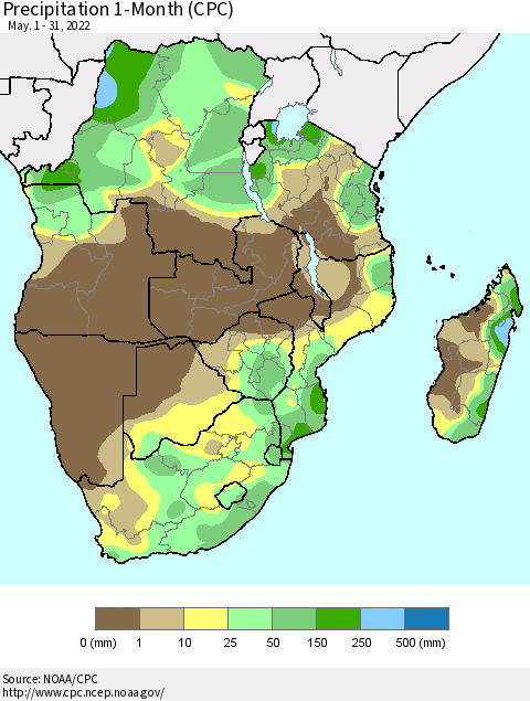 Southern Africa Precipitation 1-Month (CPC) Thematic Map For 5/1/2022 - 5/31/2022